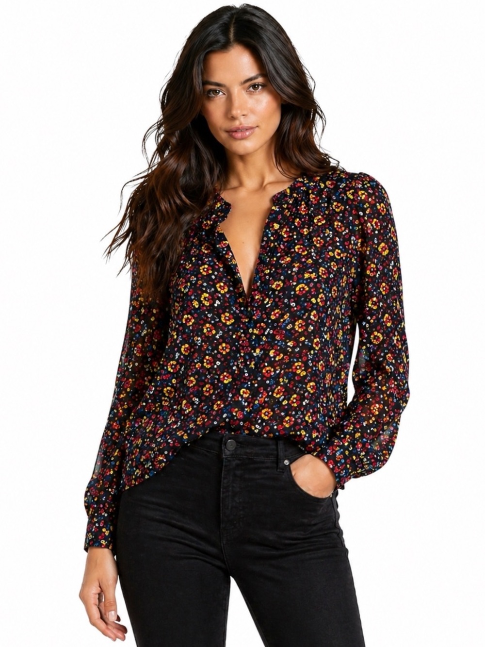 Sézane Floral Silk Blend Button Front Blouse‎ Black Multicolor Size 2 / 34